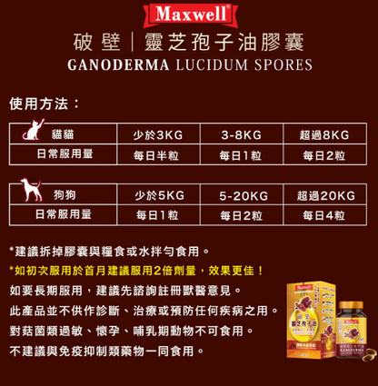 Maxwell®⎜純破壁靈芝孢子油 60粒  貓狗食用
