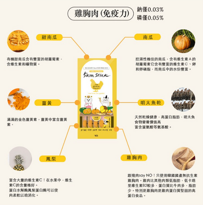 韓國製造Cho and Kang 朝貢5KM功能性天然有機營養蔬果肉泥 - 雞肉 (增强免疫力)貓狗食 1包4條 14g x 4
