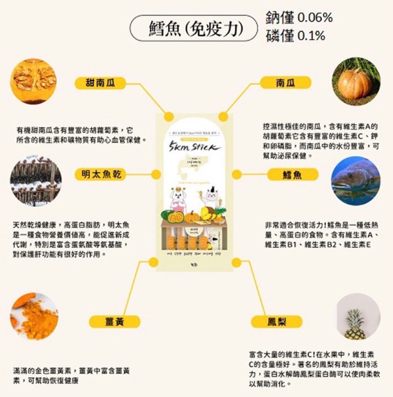 韓國製造Cho and Kang 朝貢5KM功能性天然有機營養蔬果肉泥 -鱈魚 (免疫力)貓狗食 1包4條 14g x 4