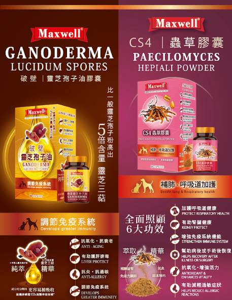Maxwell|CS4蟲草膠囊60粒 貓狗食用  適合哮喘·呼吸道健康需要或有助腎臟健康