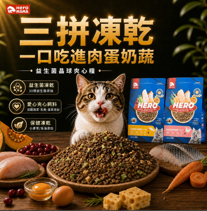 台灣【HeroMama】 益生菌晶球夾心糧 | 30億益生菌 凍乾三拼 貓咪主糧 全齡貓貓配方 400g/1.5kg/4.5kg