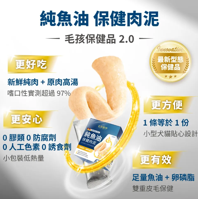 台灣【毛掌醫學】德國頂級KD魚油 保健肉泥 | 93%高濃度Omega-3 貓狗通用 寵物純魚油 (4條/30條入)