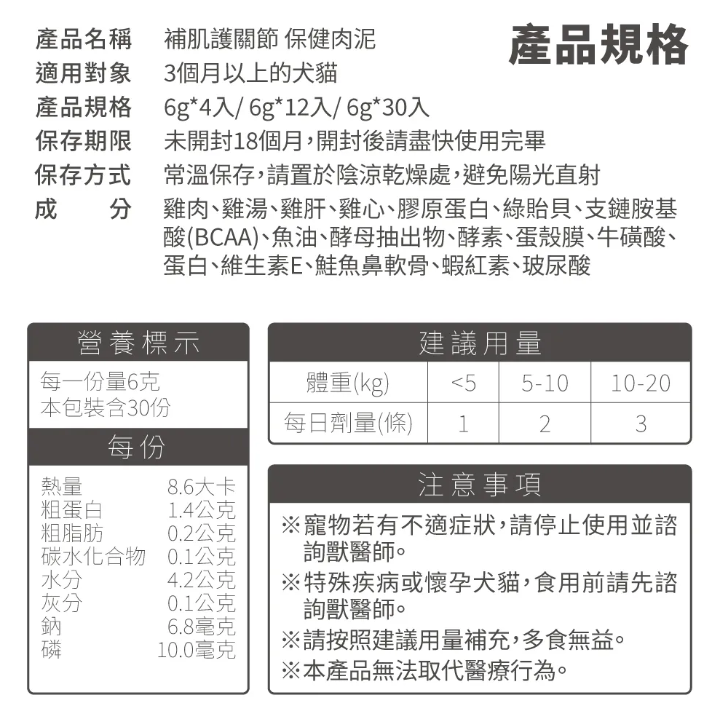 台灣【毛掌醫學】護關節保健肉泥 貓狗適用 (4入/30入)｜強效潤滑、維持關節靈活、強健肌肉