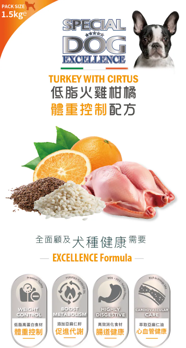 意大利Special Dog Execellence | 火雞柑橘小型成犬健體配方（迷你粒粒款）全年齡狗糧 1.5kg