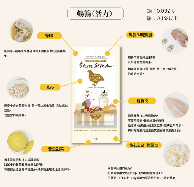 韓國製造Cho and Kang 朝貢5KM功能性天然有機營養蔬果肉泥 -雞胸肉+鵪鶉 (養血保養 活力)貓狗食 1包4條 14g x 4