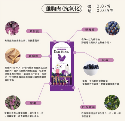 韓國製造Cho and Kang 朝貢5KM功能性天然有機營養蔬果肉泥 - 雞胸肉(抗氧化)貓狗食 1包4條 14g x 4