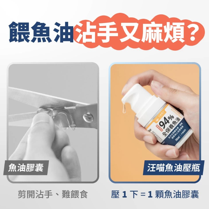 汪喵星球 94%高濃度Omega-3魚油壓瓶 16ml【貓狗食用】 * 壓1下 = 1顆 94%頂級魚油！嚴選西班牙專利Solutex魚油