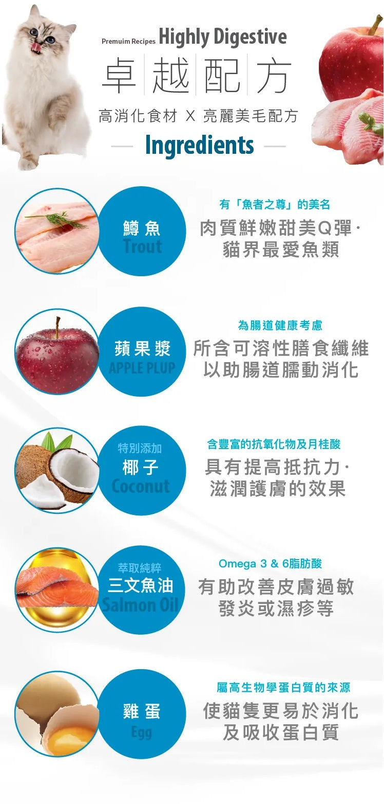 意大利Lechat Excellence®丨鱒魚椰子蘋果 特效亮麗美毛配方 1.5kg 成貓糧