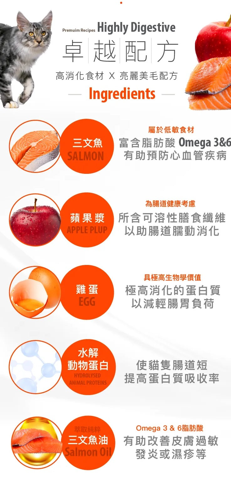 意大利Lechat Excellence®丨三文魚蘋果成貓美毛配方1.5kg 成貓糧