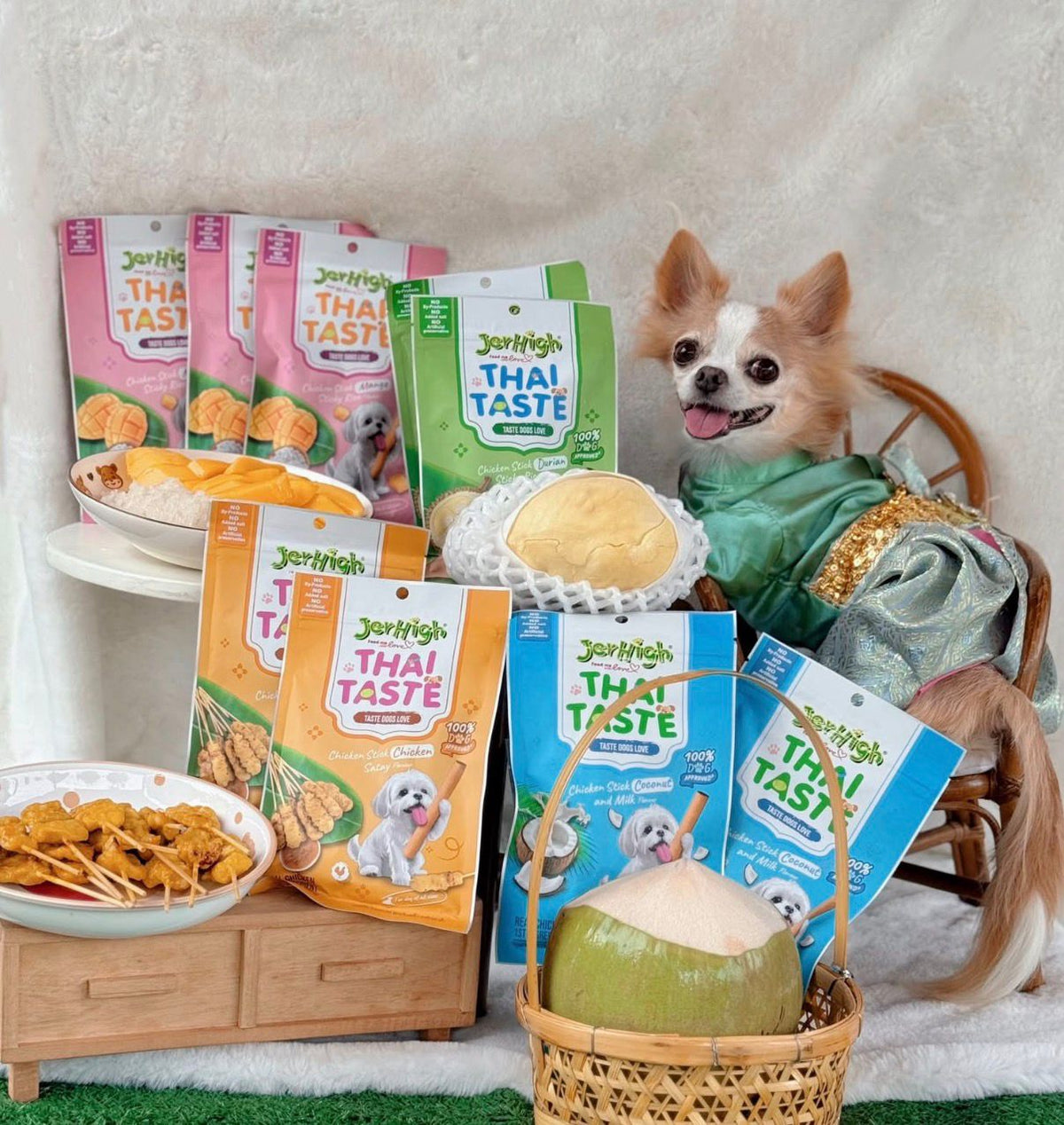 【限時免運費】「$99/4包 再包郵 」泰國 JerHigh「Thai Taste」犬用零食脆條組合（任選 4 包）｜沙爹雞肉/榴槤/芒果糯米/椰奶