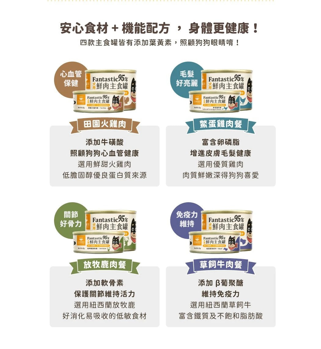 【汪喵星球】 犬用 Fantastic 95% 鮮肉無膠主食罐 80g | 狗罐頭 補水無膠狗主食罐 單罐$16/24罐箱裝$360