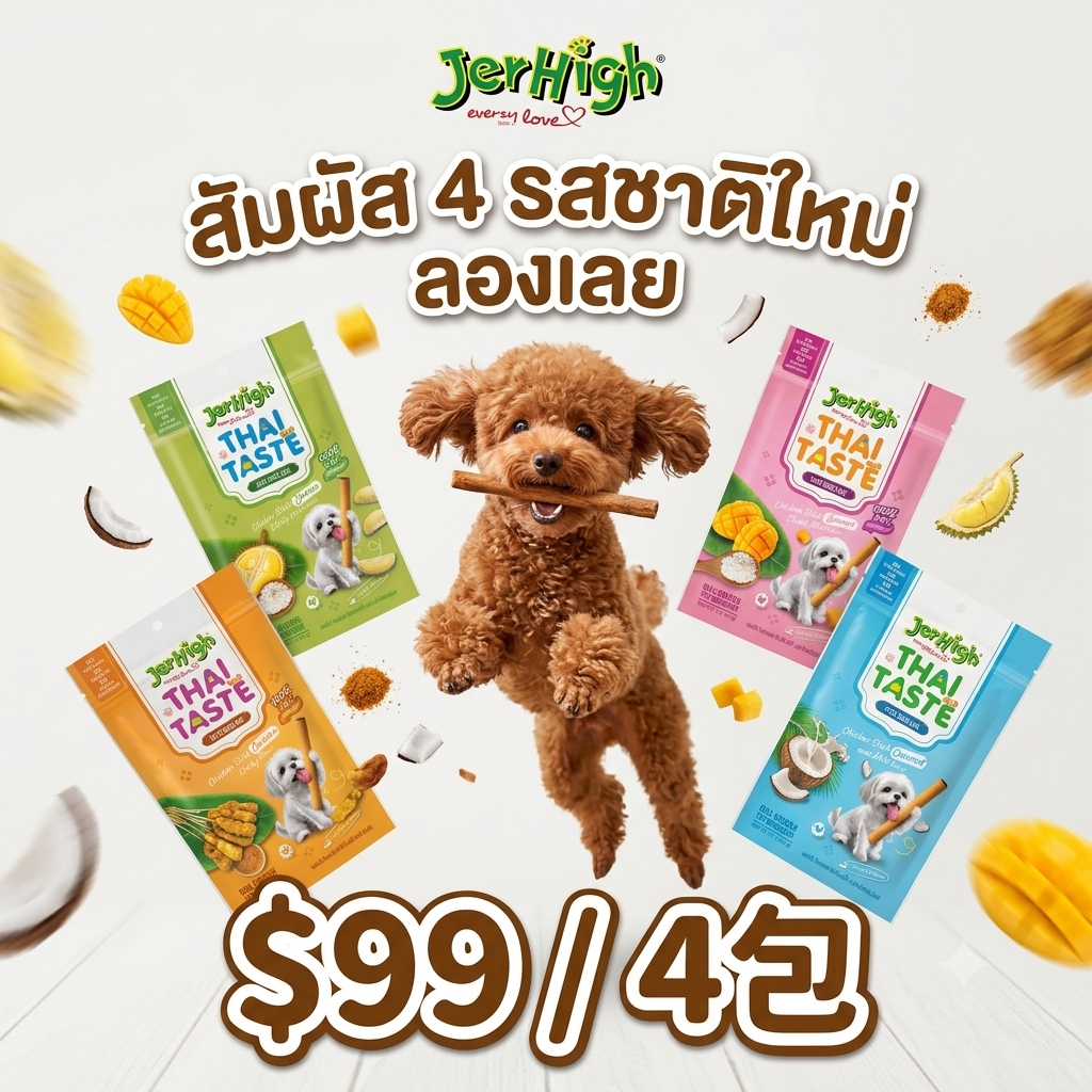 【限時免運費】「$99/4包 再包郵 」泰國 JerHigh「Thai Taste」犬用零食脆條組合（任選 4 包）｜沙爹雞肉/榴槤/芒果糯米/椰奶
