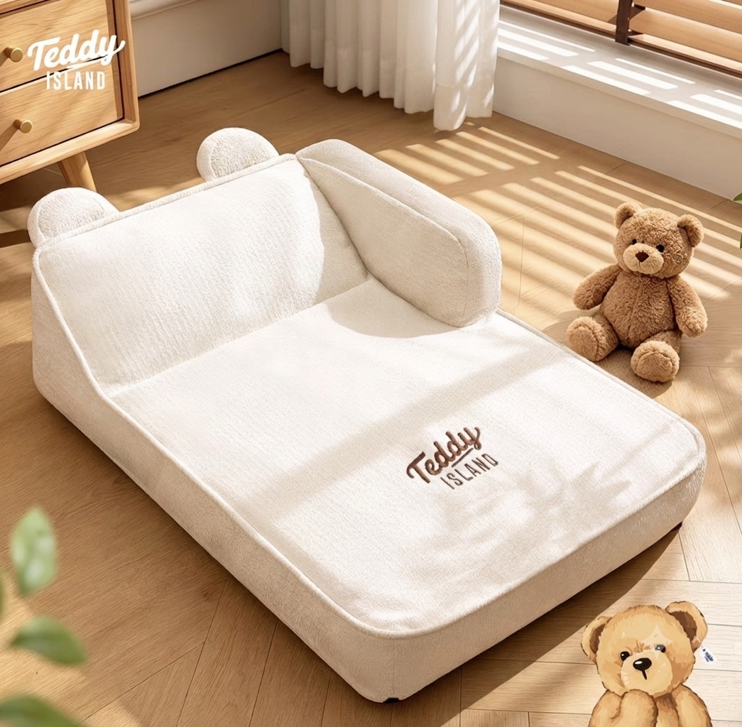 【韓國🇰🇷Teddy Island】泰迪熊聯名軟乎乎沙發窩｜加高護頸枕・耐抓雪華絨高回彈寵物沙發床 (L / XL)