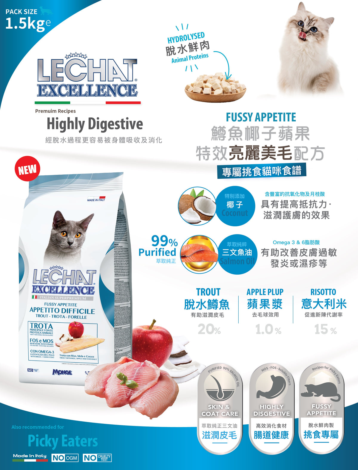 意大利Lechat Excellence®丨鱒魚椰子蘋果 特效亮麗美毛配方 1.5kg 成貓糧