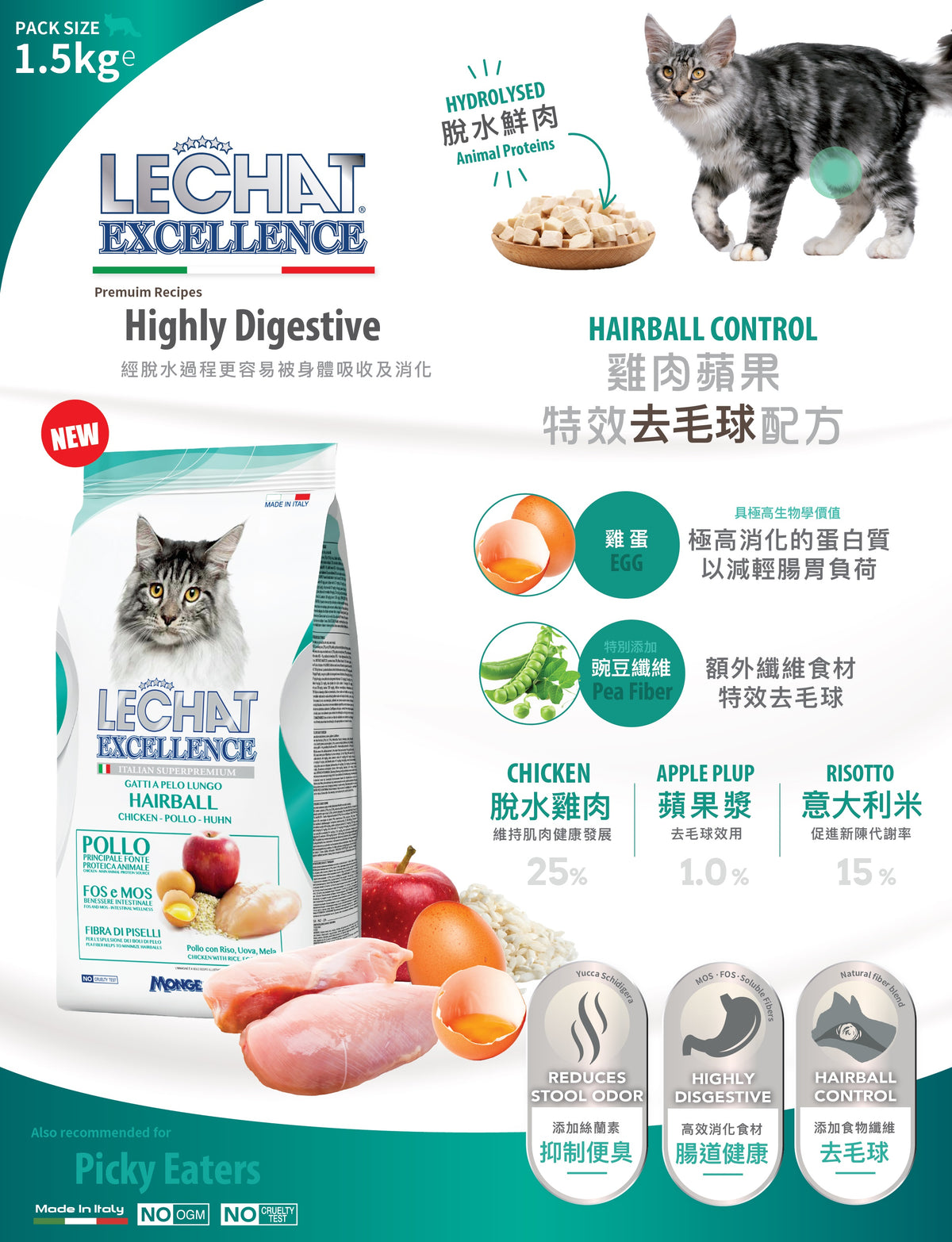 意大利Lechat Excellence®丨雞肉蘋果 特效去毛球配方 1.5kg 成貓糧