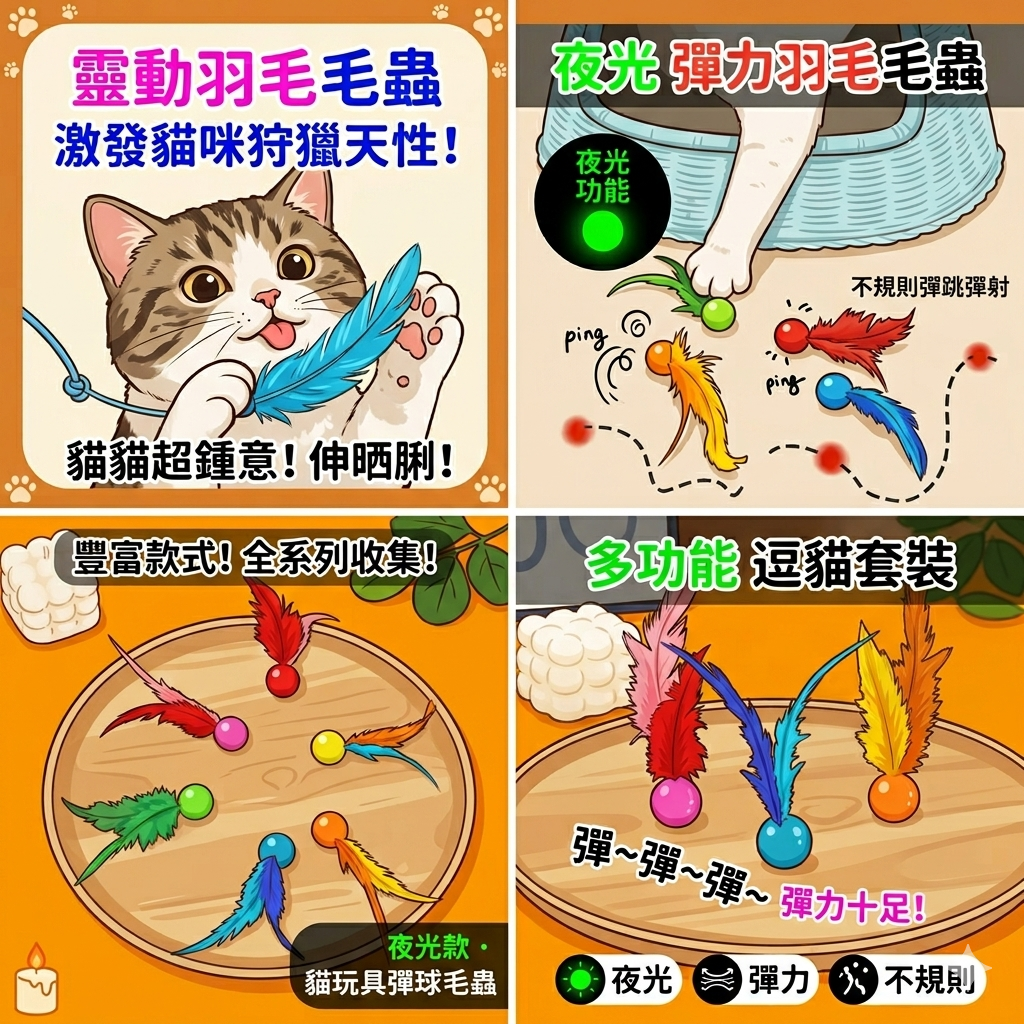 夜光彈力羽毛毛蟲玩具 | Glow-in-the-Dark Feather Cat Toy 貓貓最愛玩具「必備家中，￼可以自己玩到伸俐」